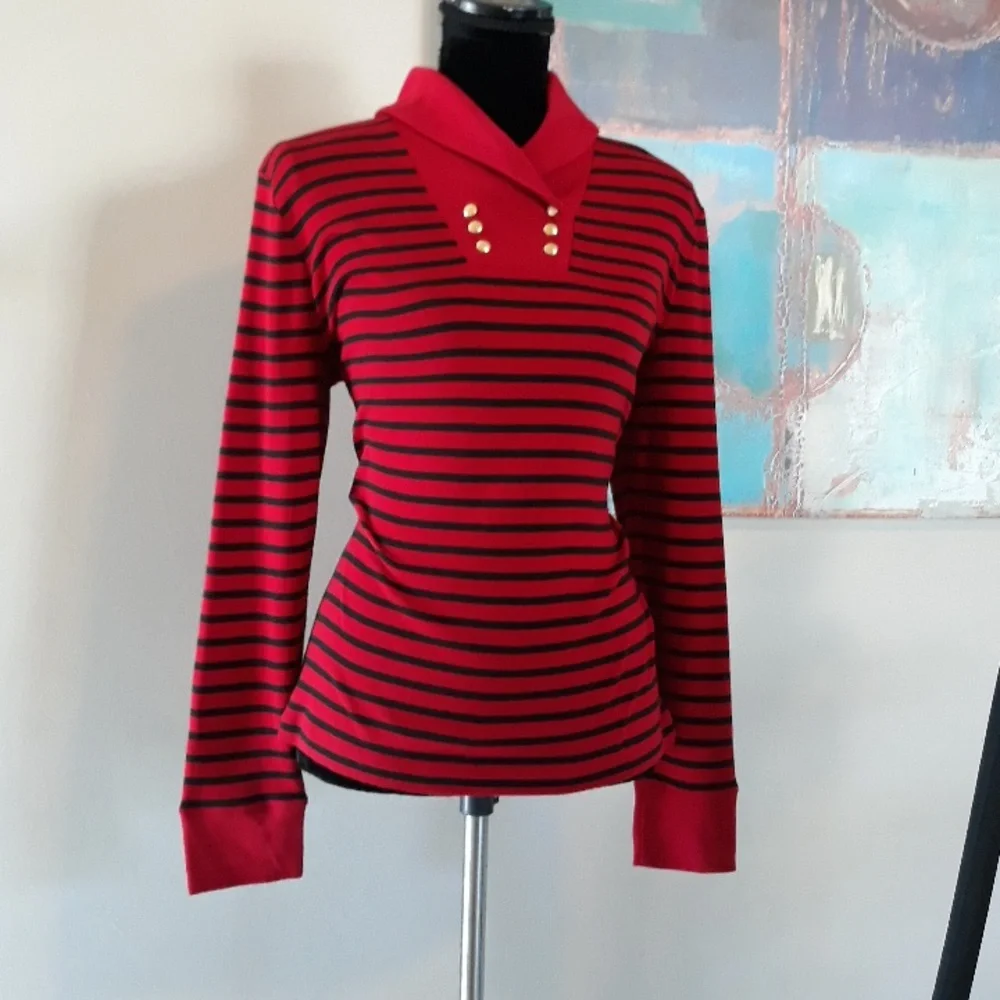 Chaps by Ralph Lauren Highland Red & Black Striped Shawl Collar Top Size L / NWT - Picture 4 of 14